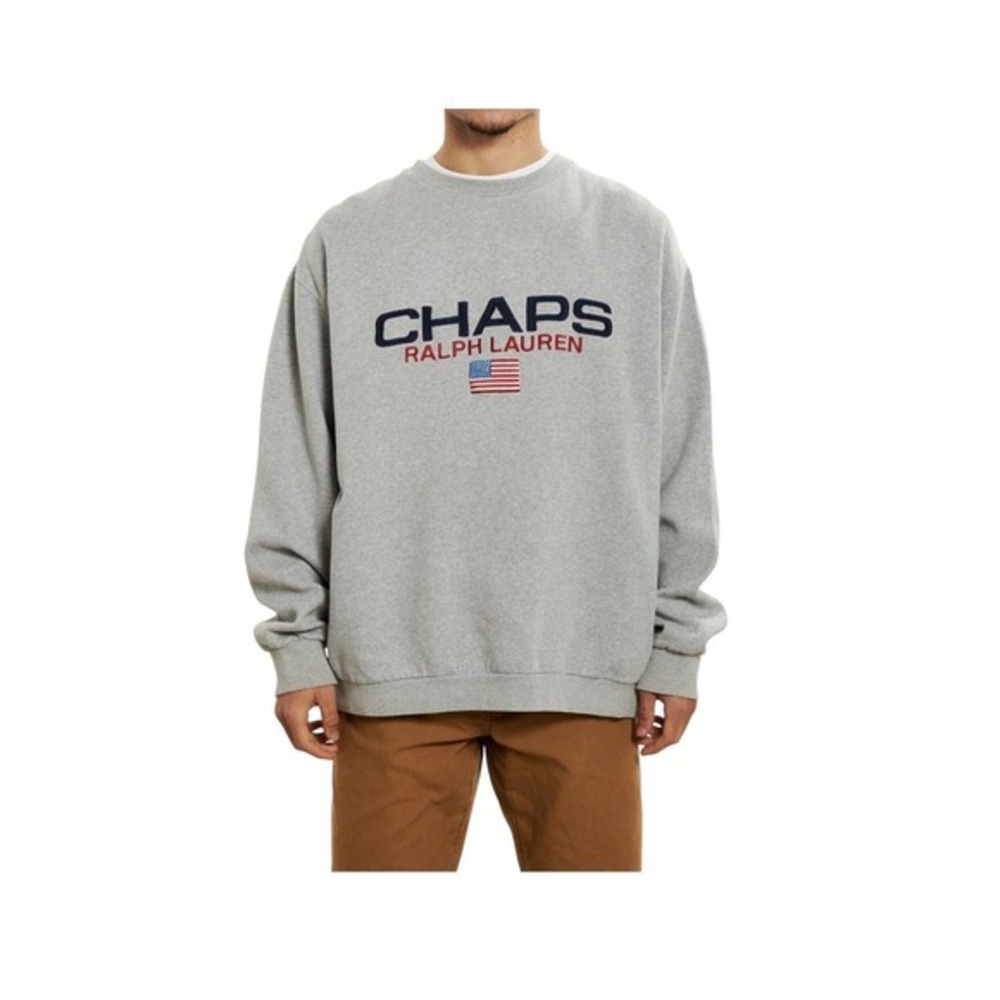 Vintage 90's Chaps Ralph Lauren Gray Sweatshirt Embroidered American Flag XXL